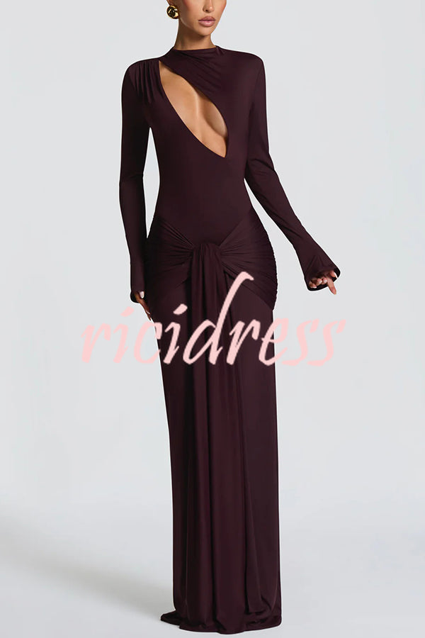 Sexy Cutout Fitted Long-sleeved Pleated Satin Ribbon Maxi Dresses