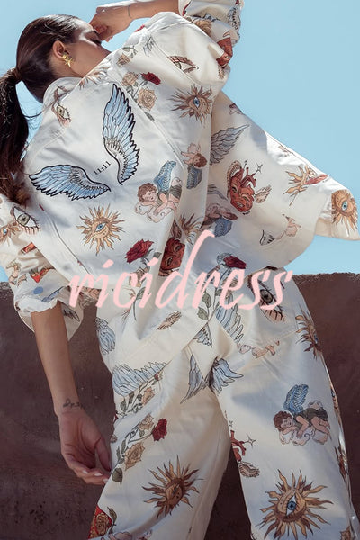 Angel Wings Denim Unique Print Button Up Long Sleeve Pocketed Relaxed Jacket