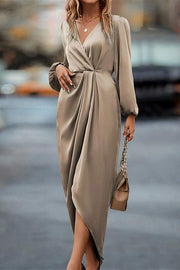 Satin V-neck Long-sleeved Slit Irregular Hem Midi Dress