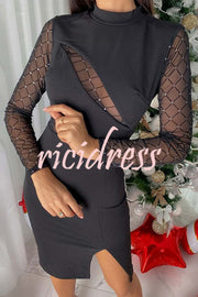 Fashionable Semi-sheer Long-sleeved Hollow Slim Mini Dress