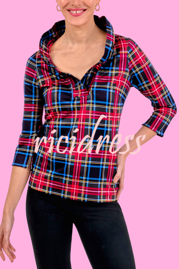 Duke of York Holiday Plaid Ruffle Stand Neck Half Sleeve Blouse
