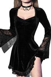 Solid Color Velvet and Lace Spliced long-sleeved Elegant Mini Dress