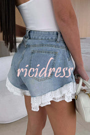 Brooke Denim High Waist  Pocket Layered Lace Trim Loose Shorts