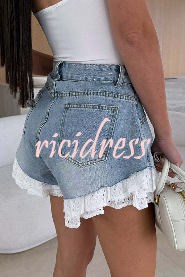 Brooke Denim High Waist  Pocket Layered Lace Trim Loose Shorts