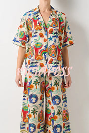 Linen Blend Unique Print Loose Short Sleeve Shirt and Elastic Waist Tie Pocket Pants Set