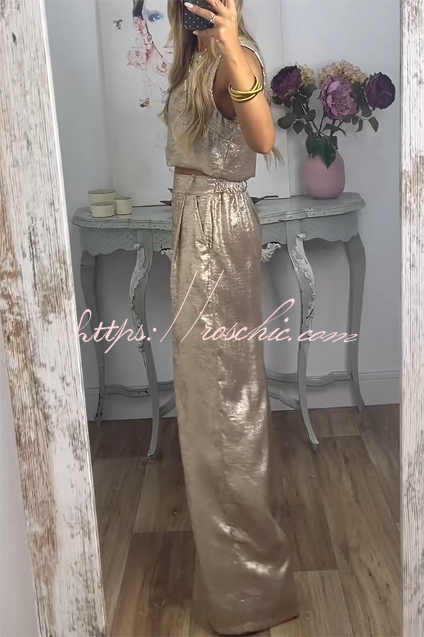 Rita Metallic Fabric Back Buttons Crop Tank and Elastic Waist Pocketed Wide Leg Pants Set