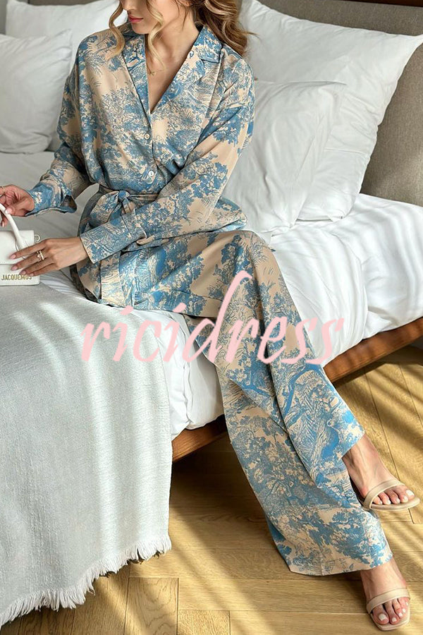 Unique Print Long-sleeved Tie Shirt and Elastic High-waist Wide-leg Pants Set