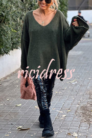 Fashionable Patchwork V-neck Long-sleeved Knitted Sweater