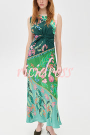 Gwen Satin Unique Print Round Neck Twisted Waist Maxi Dress