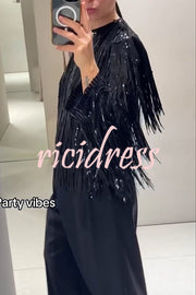 Party Crasher Layered Sequined Tassels Long Sleeve Loose Jacket