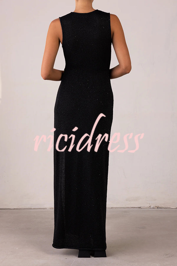 Beautiful Figure Shiny Knit Fabric Cutout Side Slit Stretch Vacation Maxi Dress