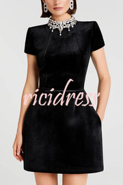 Regan Luxurious Velvet Jewel-encrusted Turtleneck Short Sleeve Pocket Tulip Mini Dress