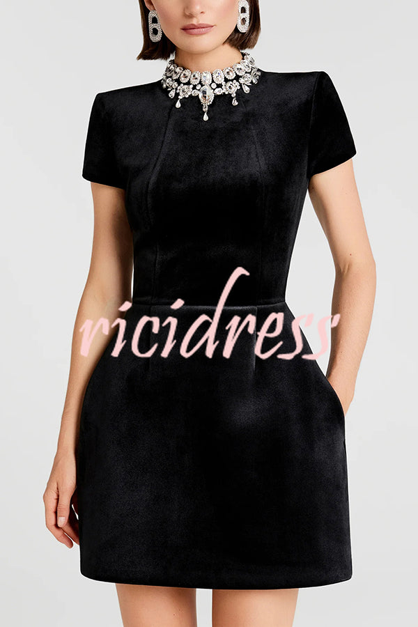 Regan Luxurious Velvet Jewel-encrusted Turtleneck Short Sleeve Pocket Tulip Mini Dress
