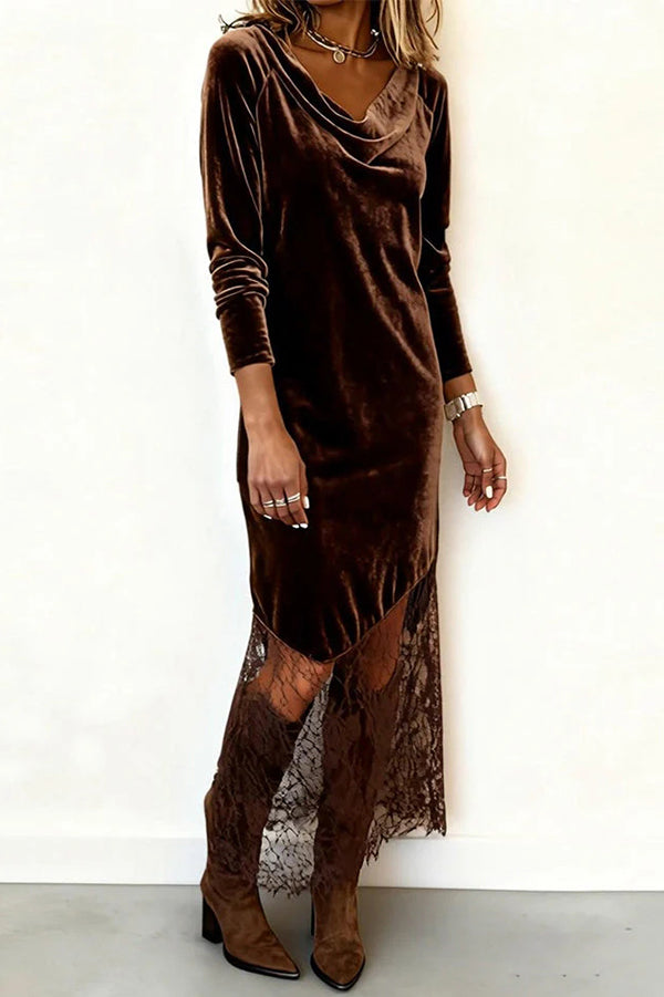 Stylish Velvet and Lace Patchwork Long-sleeved Elegant Maxi Dress