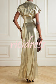 Francesca Metallic Satin-blend Button Short Sleeve Belted Shirt Maxi Dress