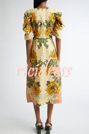 Flower Vine Linen Blend Unique Print Twist Cutout Neck Puff Sleeve Midi Dress