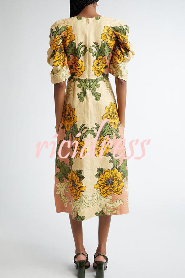 Flower Vine Linen Blend Unique Print Twist Cutout Neck Puff Sleeve Midi Dress