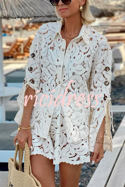 Always Favourite Lace Hollow Tie-up Slit Long Sleeve Shirt and Elastic Waist Shorts Set