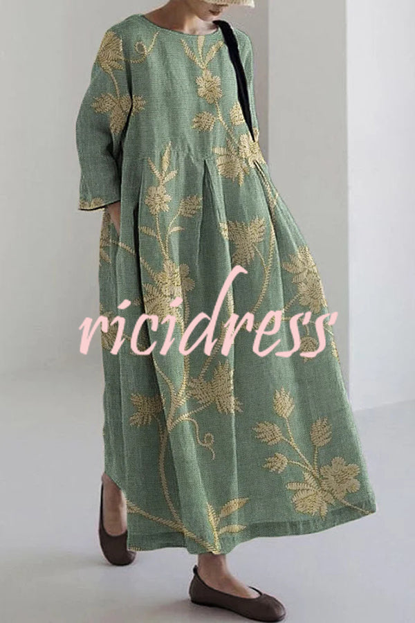 Unique Printed Round Neck Long Sleeve Loose Maxi Dress