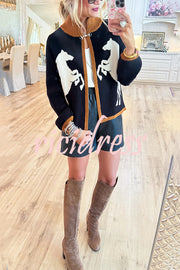 Stylish White Horse Pattern Casual Long-sleeved Knitted Cardigan