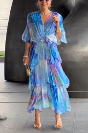 Stylish Tie-dye V-neck Tie-waist Layered Maxi Dress