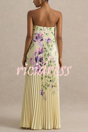 For Every Occasion Satin Pleated Floral Print V-wire Bandeau Neck Maxi Dress