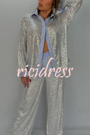 Fashion Sequined Loose Long-sleeved Shirt and Casual Elastic Waist Wide-leg Pants Set