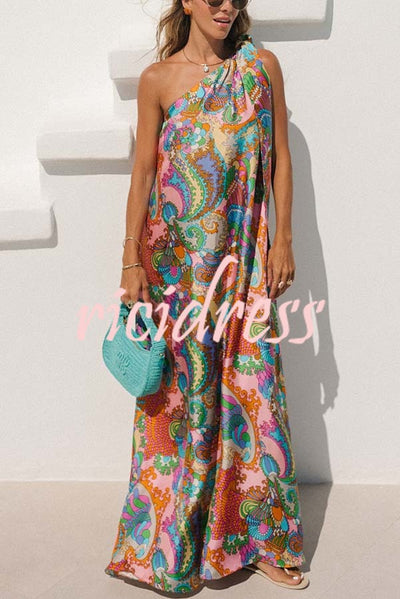 Rainbow Breeze Satin Unique Print Bow One Shoulder Loose Maxi Dress