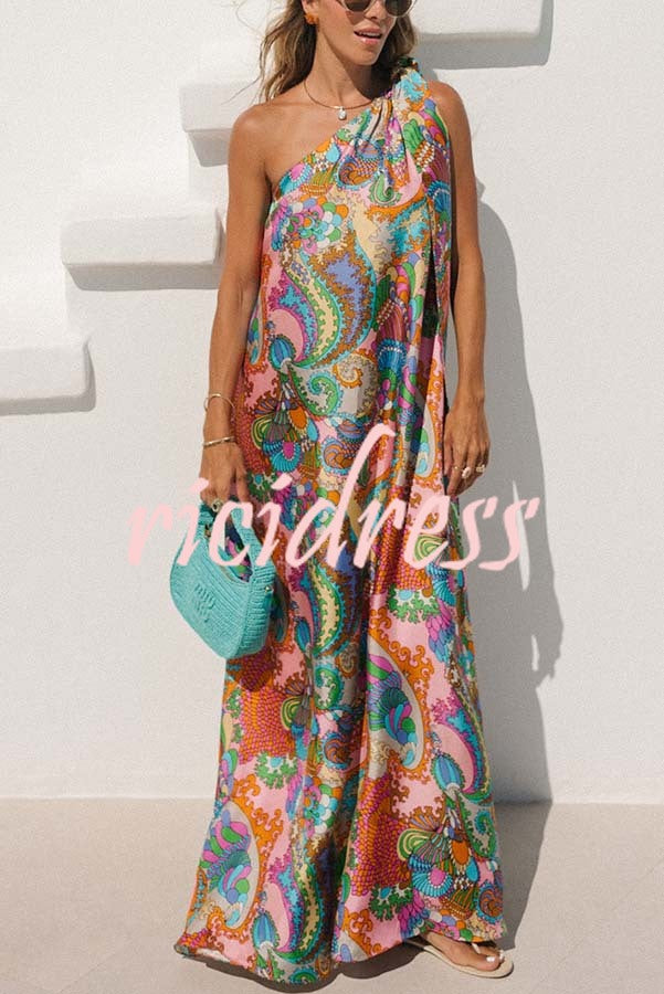 Rainbow Breeze Satin Unique Print Bow One Shoulder Loose Maxi Dress