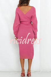 V Neck Dolman Sleeve High Waisted Lace Up Knit Midi Dress