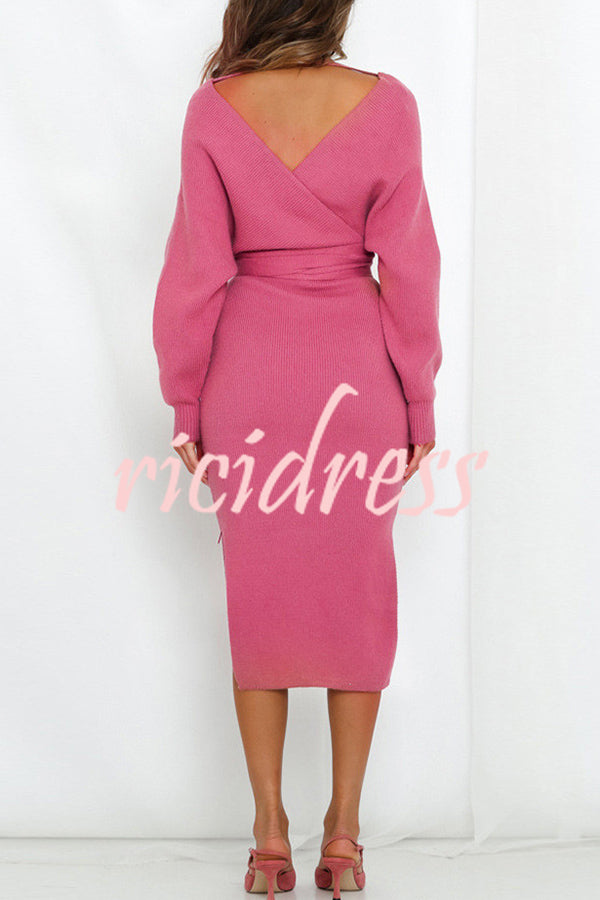 V Neck Dolman Sleeve High Waisted Lace Up Knit Midi Dress