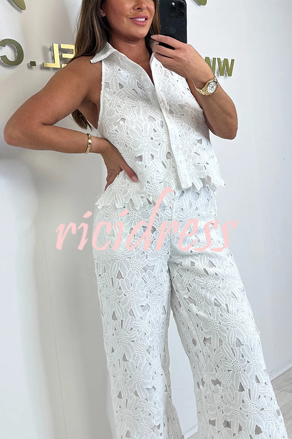 Delighted Embroidery Floral Hollow Lace Shirt-neck Vest and Wide Leg Pants Set