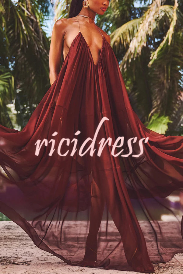 Flowing Lightweight Chiffon Chain Halter Neck Detail Backless A-line Maxi Dress