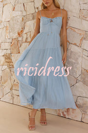 Solid Color Sleeveless Suspender Pleated Back Maxi Dress