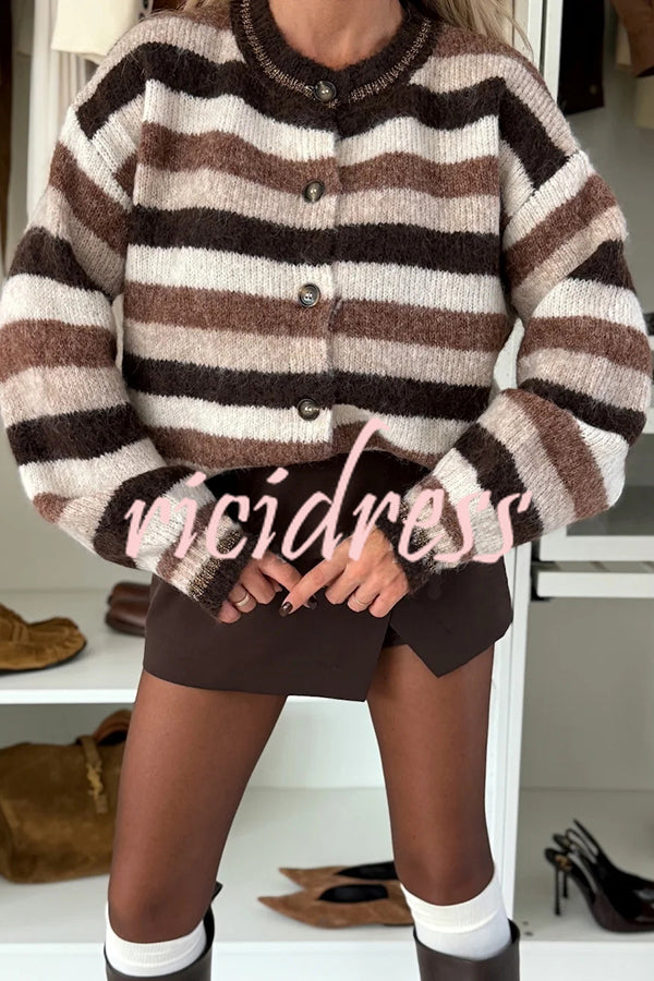 Chilly Days Fashion Knit Striped Button Up Long Sleeve Relaxed Cardigan