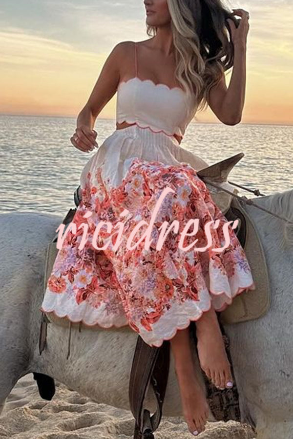 Cabo Sunsets Floral Print Petal Trim Back Lace-up Pocket Midi Dress