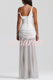 Sculptural Elegance One Shoulder Removable Corset Drape Maxi Dress