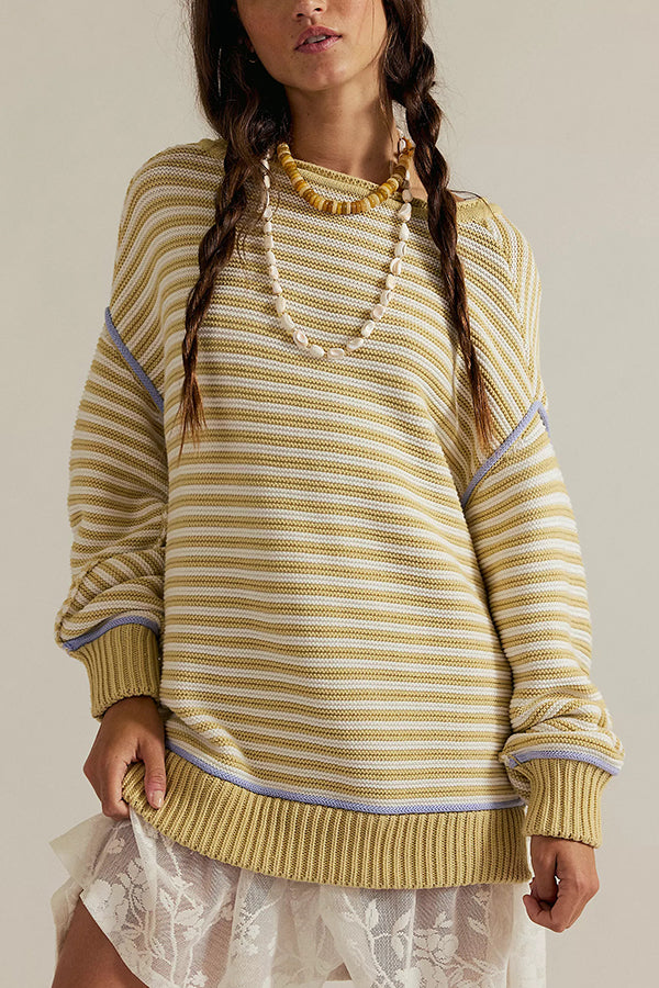 Fashion Striped Colorblock Loose Round Neck Long-sleeved Knitted Sweater