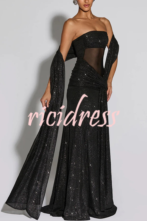 Paula Sequined Mesh and Jersey Off Shoulder Ruched Knot Drape Shawl Maxi Dress
