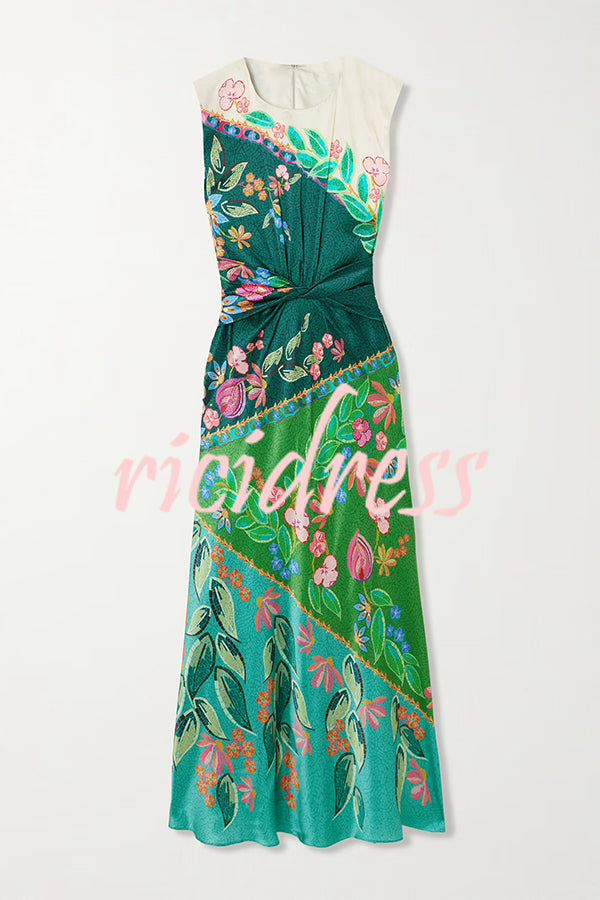 Gwen Satin Unique Print Round Neck Twisted Waist Maxi Dress