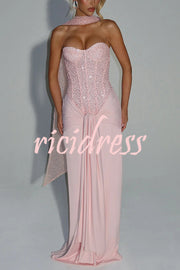 Carina Sequined and Satin Jersey Off Shoulder Ruched Knot Drape Maxi Dress