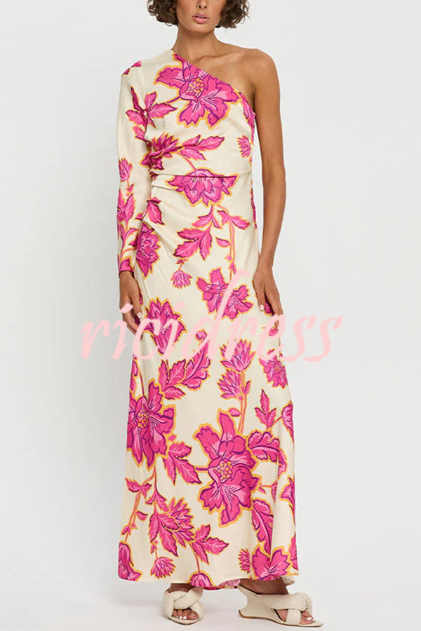 Rhia Satin Floral Print One Shoulder Flared Maxi Dress