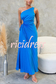 Charming One Shoulder Lace Up Cutout Pleated Maxi Dress