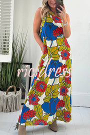 Floral Unique Printed One Shoulder Pocketed Loose Maxi Dress