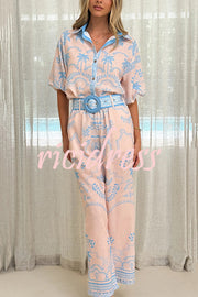 Linen Blend Lapel Puff Sleeve Loose Shirt and Casual Pocket Straight Pants Set