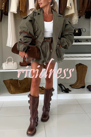 Fashion Style Button Long Balloon Sleeve Pocket Lapel Casual Bomber Jacket
