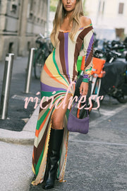 Stylish Multi-colored Long-sleeved Slim-fit Slit Maxi Dress