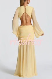 Deep Memories Chiffon Balloon Sleeve Cutout Ruched Drape Maxi Dress