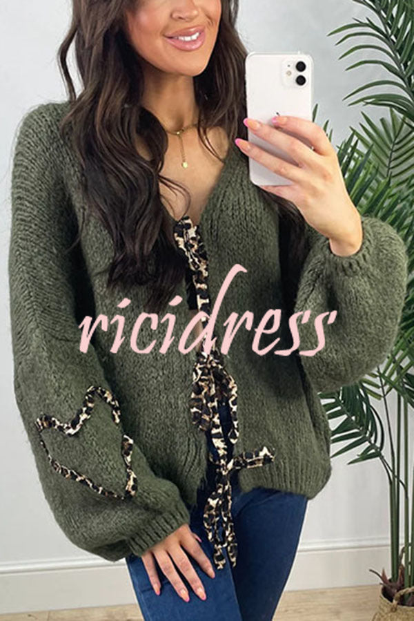 Fashionable Loose Long-sleeved Leopard Print Lace-up Knitted Sweater Cardigan