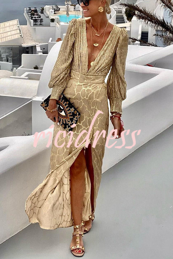 Martini Nights Bronzing Fabric High Rise Slit Maxi Skirt